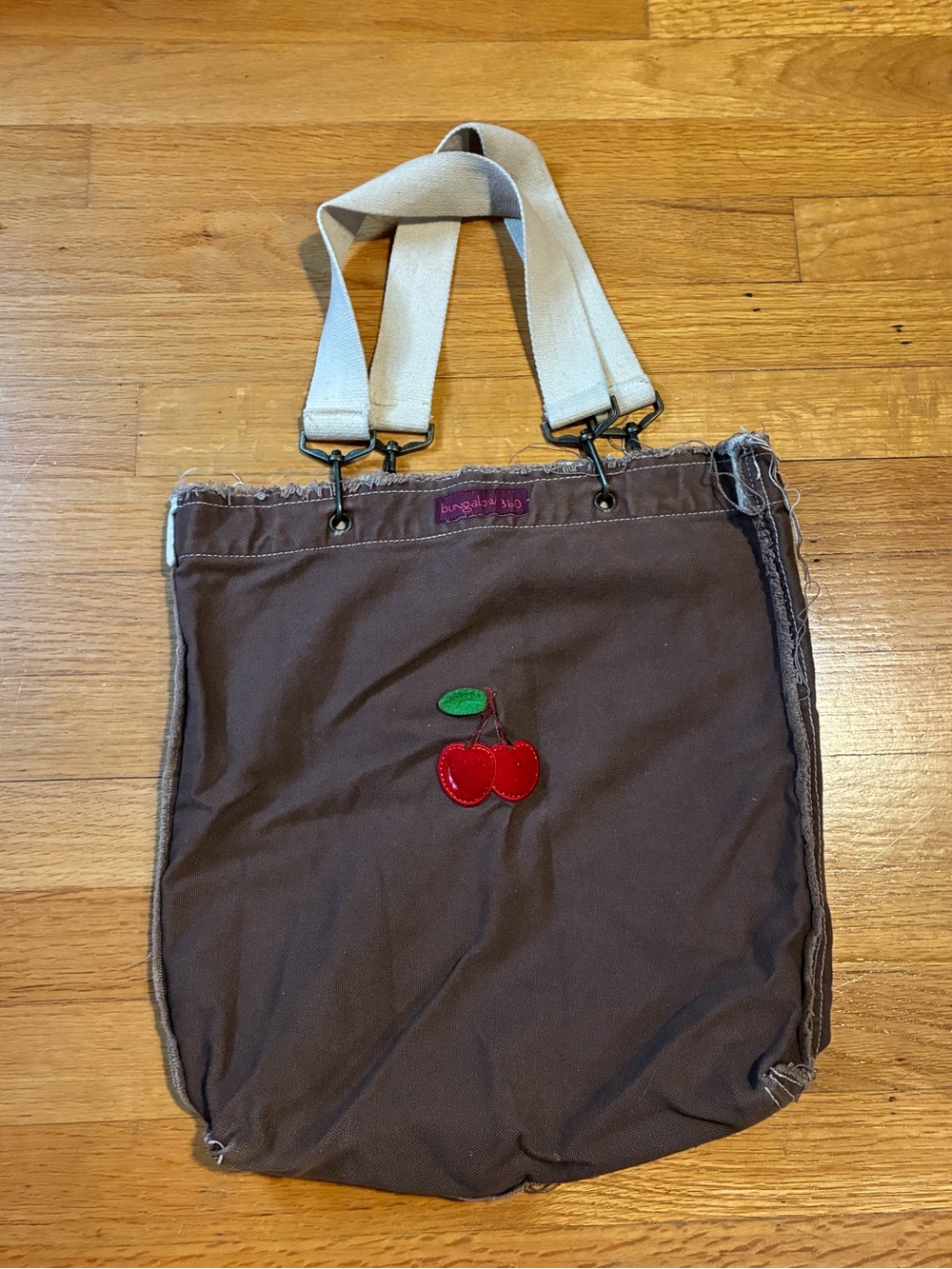 Bungalow 360 Distressed Canvas Tote Bag Brown with Red Cherry Embroidery